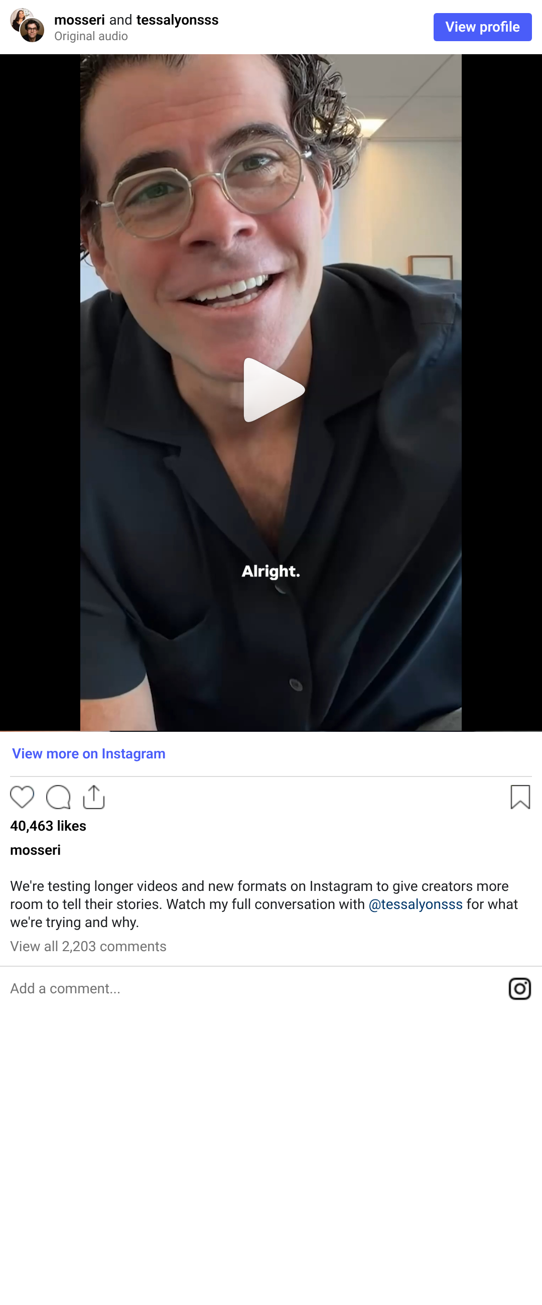 Post do anúncio no Instagram